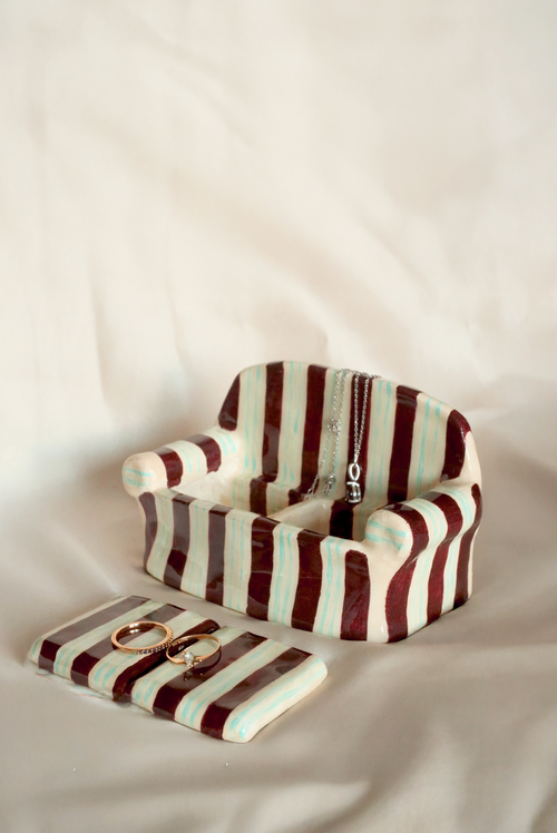 Handmade Clay Sofa Jewelry Holder - Striped Mini Couch Jewelry Organizer