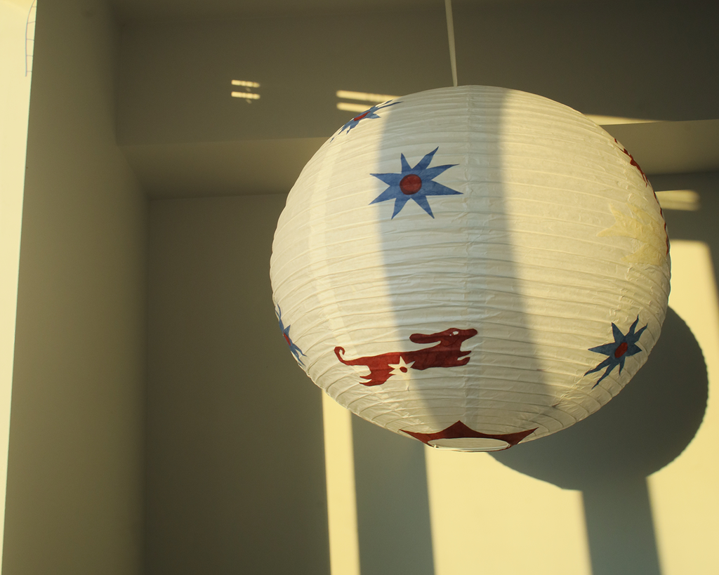Whimsy Dachshund handmade mulberry paper lamp shade, side view